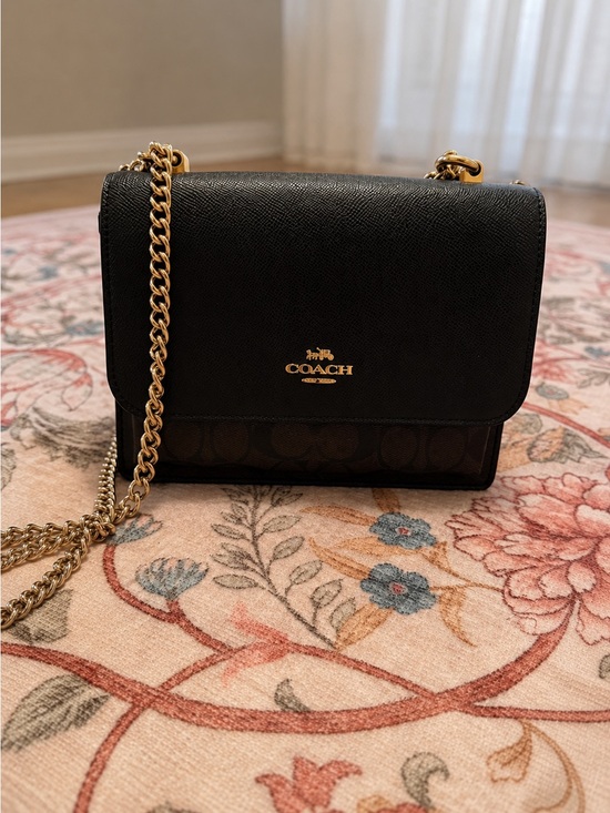 Coach Handbags - Coach Black Leather and Signature Canvas Chain Crossbody with Gold Hardware